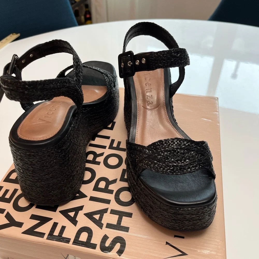 NIB Anthropologie Vicenza Raffia Platform Heels in Black Sz 38 / US 7- 7.5